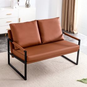 Modern Two-Seater Sofa Chair with 2 Pillows - PU Leather, High-Density Foam, Black Coated Metal Frame.Brown SF-D008