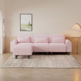 The 84.6-inch pink teddy fleece creative sofa can be assembled into a two-seater sofa plus a single couch with three waist pillows to perfectly stretc