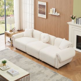24005 beige teddy-wool fabric with 3 pillows, three-seat sofa can be placed in living room and other scenes