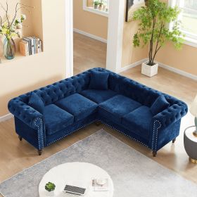 MH 80" Deep Button Tufted Upholstered Roll Arm Luxury Classic Chesterfield L-shaped Sofa 3 Pillows Included, Solid Wood Gourd Legs, Blue velvet W1193S