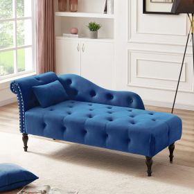 60.6&quot; Velvet Chaise Lounge Buttons Tufted Nailhead Trimmed Solid Wood Legs with 1 Pillow; Blue (Left Arm Design as Shown in the Picture)