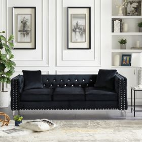 82.3&quot; Width Modern Velvet Sofa Jeweled Buttons Tufted Square Arm Couch Black; 2 Pillows Included