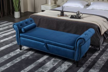 63&quot; Velvet Multifunctional Storage Bench Rectangular Sofa Stool Buttons Tufted Nailhead Trimmed Ottoman Solid Wood Legs with 1 Pillow; Blue