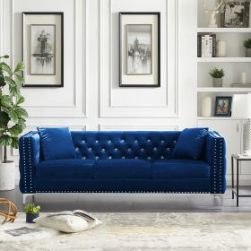 82.3&quot; Width Modern Velvet Sofa Jeweled Buttons Tufted Square Arm Couch Blue; 2 Pillows Included