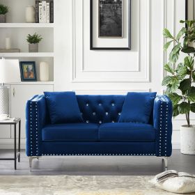 59.4 Inch Wide Blue Velvet Sofa with Jeweled buttons; Square Arm ; 2 Pillows