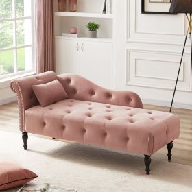 60.6&quot; Velvet Chaise Lounge Buttons Tufted Nailhead Trimmed Solid Wood Legs with 1 Pillow; Rose (Left Arm Design as Shown in the Picture)
