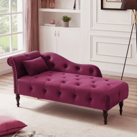 60.6&quot; Velvet Chaise Lounge Buttons Tufted Nailhead Trimmed Solid Wood Legs with 1 Pillow; Burgundy (Left Arm Design as Shown in the Picture)