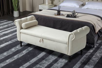 63&quot; Velvet Multifunctional Storage Rectangular Sofa Stool Buttons Tufted Nailhead Trimmed Solid Wood Legs with 1 Pillow; Beige