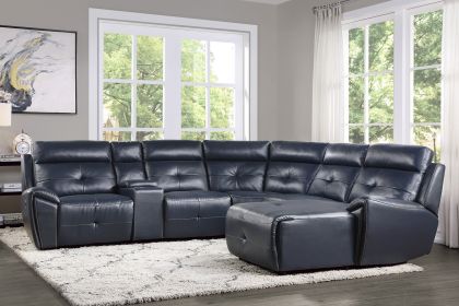 6-Piece Modular Reclining Sectional with Right Chaise Navy Blue Premium Faux Leather Tufted Details Solid Wood Modern Living Room Furniture Plush Pill