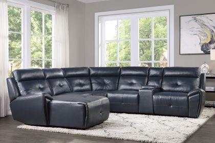 6-Piece Modular Reclining Sectional with Left Chaise Navy Blue Premium Faux Leather Tufted Details Solid Wood Modern Living Room Furniture Plush Pillo