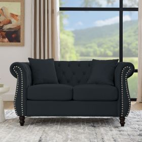 58.8" Chesterfield Sofa Black Velvet for Living Room, 2 Seater Sofa Tufted Couch with Rolled Arms and Nailhead for Living Room, Bedroom, Office, Apart