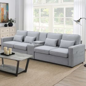 [VIDEO provided] [New] 114.2" Upholstered Sofa with Console, 2 Cupholders and 2 USB Ports Wired or Wirelessly Charged, Modern Linen Fabric Couches wit