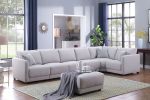 Penelope 145.5" Light Gray Linen Fabric Reversible 7PC Modular Sectional Sofa with Ottoman and Pillows