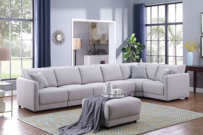 Penelope 145.5" Light Gray Linen Fabric Reversible 7PC Modular Sectional Sofa with Ottoman and Pillows