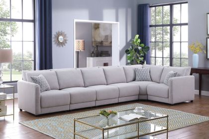 Penelope 145.5" Light Gray Linen Fabric Reversible 6PC Modular Sectional Sofa with Pillows