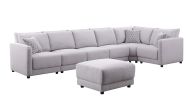 Penelope 145.5" Light Gray Linen Fabric Reversible 7PC Modular Sectional Sofa with Ottoman and Pillows