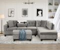 105" Modern Sectional Sofa with Storage Ottoman, L-Shape Couch with 2 Pillows and Cup Holder,Sectional Sofa with Reversible Chaise for Living Room,Gra
