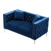 59.4 Inch Wide Blue Velvet Sofa with Jeweled buttons; Square Arm ; 2 Pillows