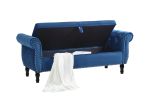 63&quot; Velvet Multifunctional Storage Bench Rectangular Sofa Stool Buttons Tufted Nailhead Trimmed Ottoman Solid Wood Legs with 1 Pillow; Blue