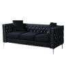 82.3&quot; Width Modern Velvet Sofa Jeweled Buttons Tufted Square Arm Couch Black; 2 Pillows Included