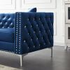 59.4 Inch Wide Blue Velvet Sofa with Jeweled buttons; Square Arm ; 2 Pillows