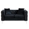 59.4 Inch Wide Black Velvet Sofa with Jeweled buttons; Square Arm ; 2 Pillows