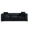 82.3&quot; Width Modern Velvet Sofa Jeweled Buttons Tufted Square Arm Couch Black; 2 Pillows Included