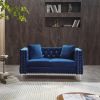 2 Piece Modern Velvet Living Room Set with Sofa and Loveseat; Jeweled Button Tufted Copper Nails Square Arms; 4 Pillows Included; Blue