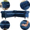 MH 80" Deep Button Tufted Upholstered Roll Arm Luxury Classic Chesterfield L-shaped Sofa 3 Pillows Included, Solid Wood Gourd Legs, Blue velvet W1193S