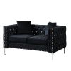 59.4 Inch Wide Black Velvet Sofa with Jeweled buttons; Square Arm ; 2 Pillows