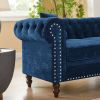 MH 80" Deep Button Tufted Upholstered Roll Arm Luxury Classic Chesterfield L-shaped Sofa 3 Pillows Included, Solid Wood Gourd Legs, Blue velvet W1193S