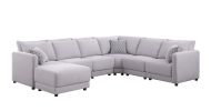 Penelope 145.5" Light Gray Linen Fabric Reversible 7PC Modular Sectional Sofa with Ottoman and Pillows