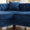 MH 80" Deep Button Tufted Upholstered Roll Arm Luxury Classic Chesterfield L-shaped Sofa 3 Pillows Included, Solid Wood Gourd Legs, Blue velvet W1193S