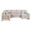 109" U-shaped Sectional Sofa Pull-out Sofa Bed with Two USB Ports, a Storage Chaise Lounge and Four Back Pillows for Living Room, Beige