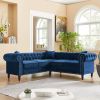 MH 80" Deep Button Tufted Upholstered Roll Arm Luxury Classic Chesterfield L-shaped Sofa 3 Pillows Included, Solid Wood Gourd Legs, Blue velvet W1193S