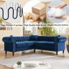 MH 80" Deep Button Tufted Upholstered Roll Arm Luxury Classic Chesterfield L-shaped Sofa 3 Pillows Included, Solid Wood Gourd Legs, Blue velvet W1193S