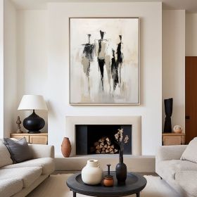 Hand Painted Original Beige Wall Art Black Oil Painting Contemporary Minimalist Art Minimalist Figure Painting Portrait Painting Custom Gift (Style: 1, size: 60x90cm)