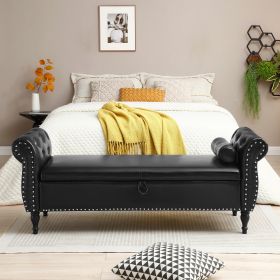 63" PU Upholstered End of Bed Bench Flip Top Entryway Ottoman with Safety Hinge Storage Rectangular Sofa Stool Buttons Tufted Nailhead Trimmed Solid W (Color: as Pic)