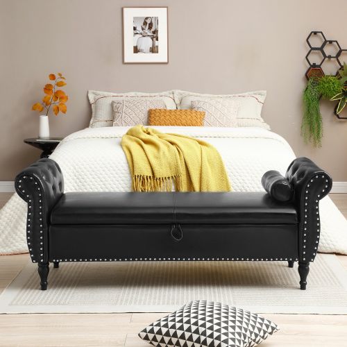 63" PU Upholstered End of Bed Bench Flip Top Entryway Ottoman with Safety Hinge Storage Rectangular Sofa Stool Buttons Tufted Nailhead Trimmed Solid W