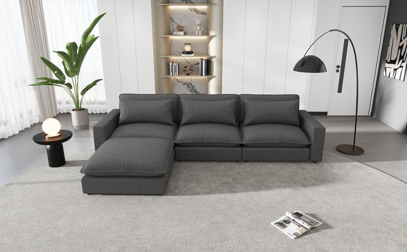 128" Sectional Sofa Cloud Sofa Chenille Upholstered Sofa Couch with Movable Ottoman, Comfortable Seat Cushions, Charging Ports and Three Back Pillows