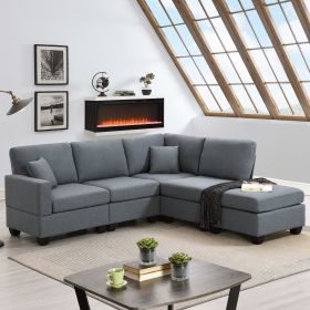 [VIDEO provided][New]89.8*60.2" Modern Sectional Sofa,5-Seat Modular Couch Set with Convertible Ottoman,L-Shape Linen Fabric Corner Couch Set with 2 P (Color: as Pic)