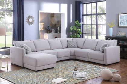 Penelope 120" Light Gray Linen Fabric Reversible 7PC Modular Sectional Sofa with Ottoman and Pillows (Color: as Pic)