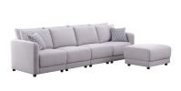 Penelope 111" Light Gray Linen Fabric 4-Seater Sofa with Ottoman and Pillows
