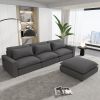 128" Sectional Sofa Cloud Sofa Chenille Upholstered Sofa Couch with Movable Ottoman, Comfortable Seat Cushions, Charging Ports and Three Back Pillows